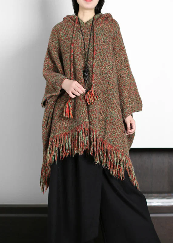 Loose Hooded Tasseled Low High Design Wool Top Batwing Sleeve Tough Women's Military - inspired