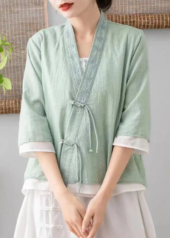 Vintage Green V Neck Embroideried Tasseled Linen Cardigans Spring Hip Women's Urban
