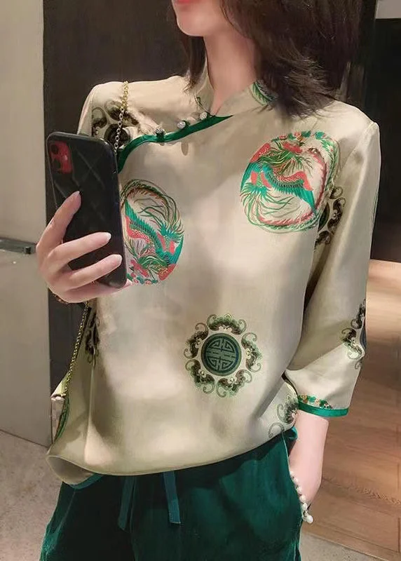 Chinese Style Photo Color Stand Collar Print Chiffon Shirt Tops Spring Trendy Women's Oversized