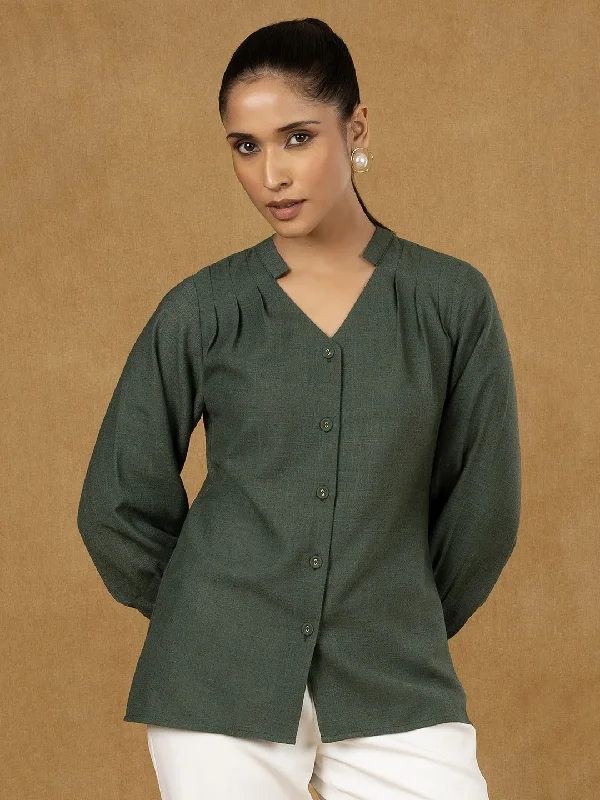 Green Mandarin Collar Pleated Top Cashmere