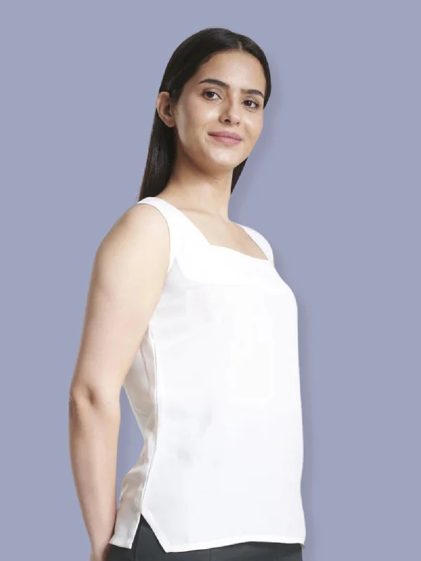 Square Neck Poly Moss  Regular FIt Camisole - White Casual Women's Japanese 