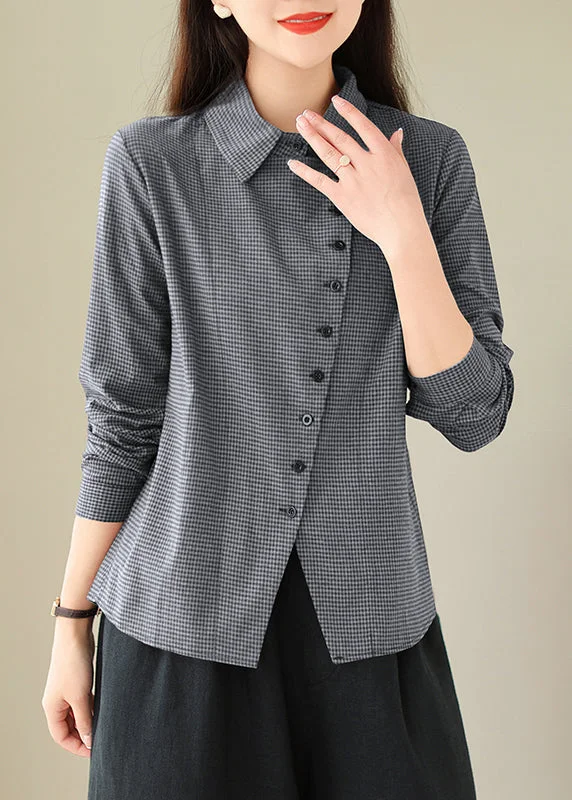 Beautiful Grey Peter Pan Collar Plaid Cotton Shirts Top Spring Monochromatic All - in - one Beautiful Grey Peter Pan Collar Plaid Cotton Shirts Top Spring Monochromatic All - in - one