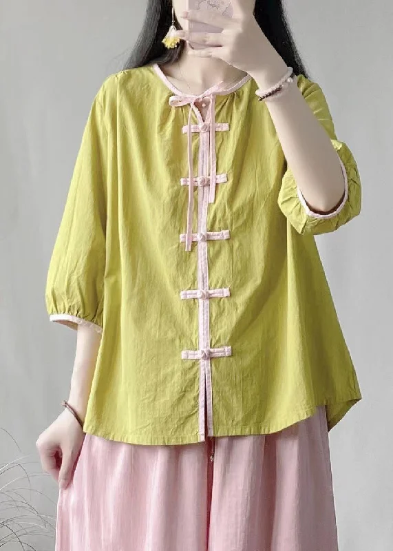 Vintage Green Lace Up Chinese Button Cotton Shirt Bracelet Sleeve Elegant Women's 