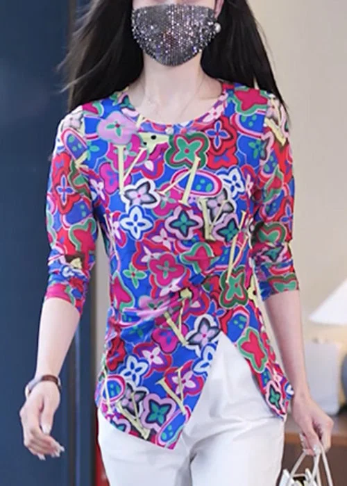New Purple O Neck Print Side Open Cotton Top Spring Refined Women's Velvet