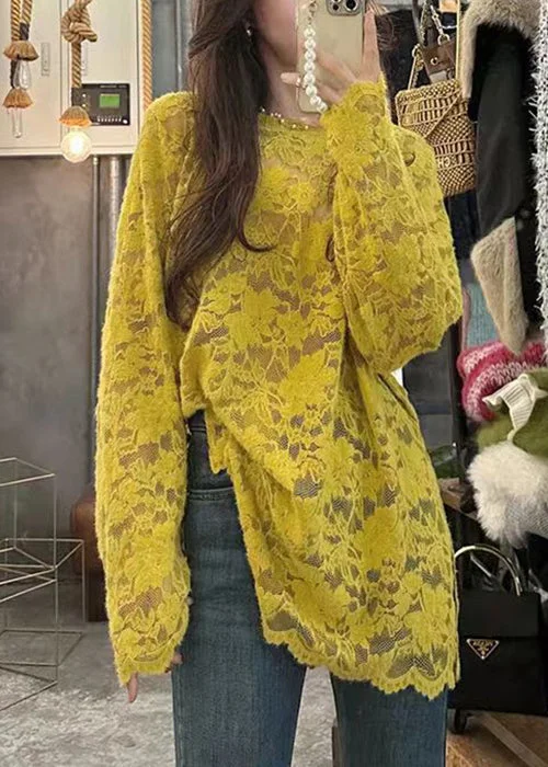 Women Yellow O Neck Hollow Out Lace Top Long Sleeve Minimalist Women's Casual