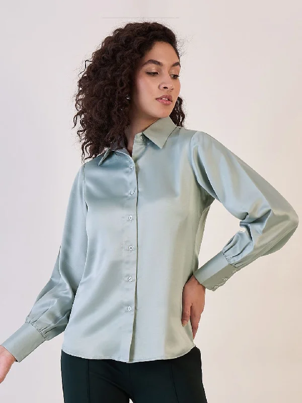 Sage Green Balloon Sleeve Satin Shirt Laid - back Women's Style