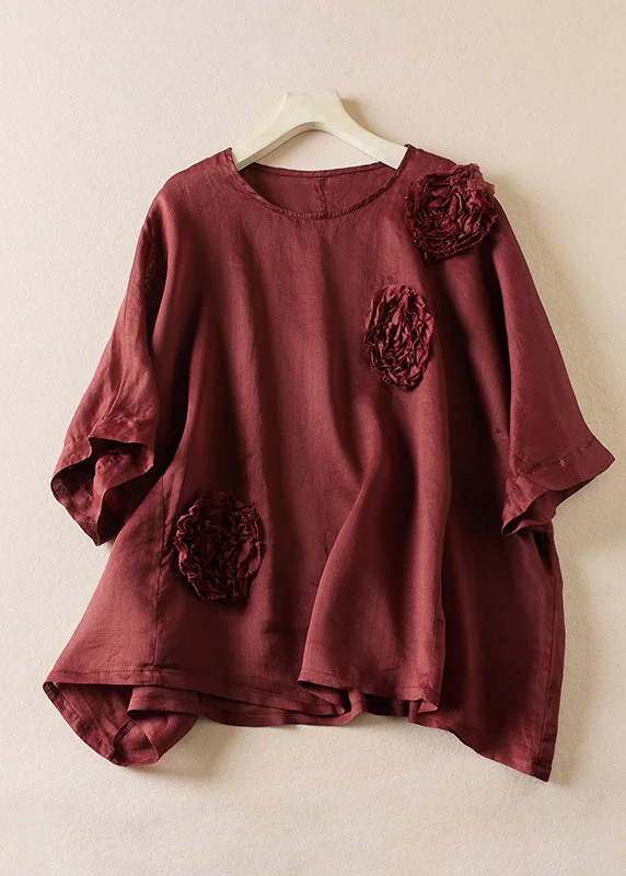 Organic Mulberry O Neck Floral Decorated Linen T Shirt Summer Earthy Women's Hemp - based