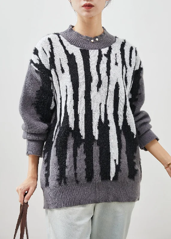 DIY Grey Oversized Jacquard Knit Pullover Winter Bohemian Women's Free