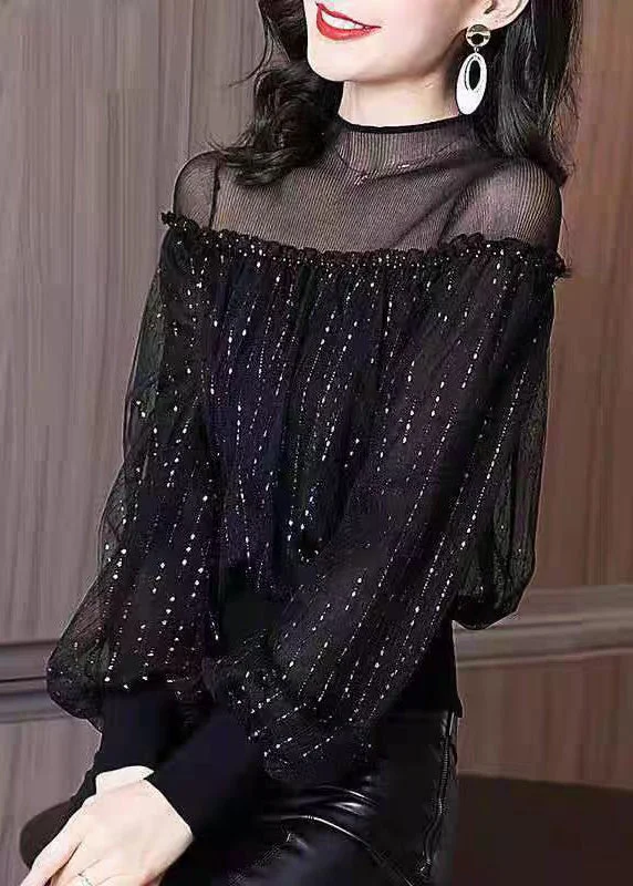 Classy Black Ruffled Patchwork Tulle Top Lantern Sleeve Practical Women's Multi - 