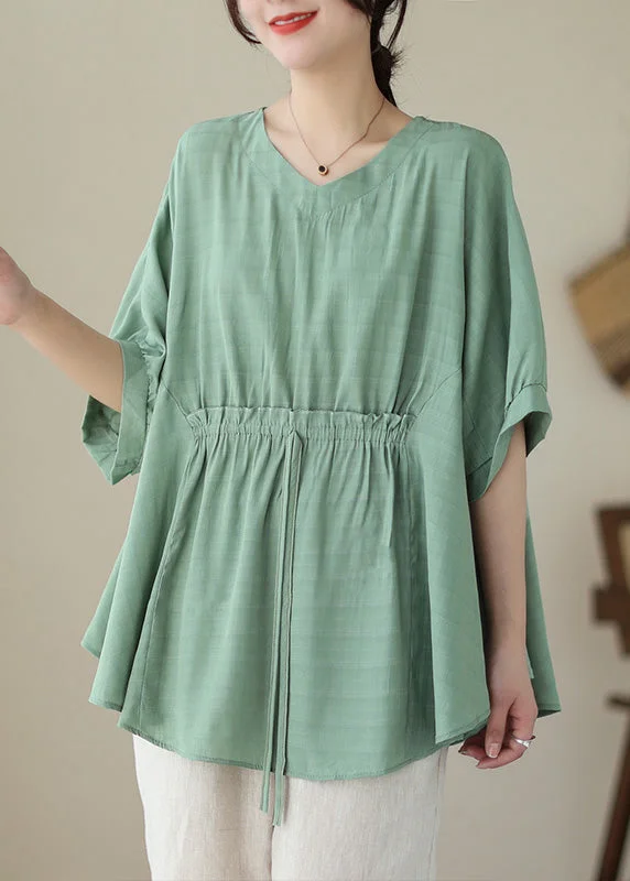 Loose Green Ruffled Lace Up Cotton T Shirt Summer Streetwear Style for 