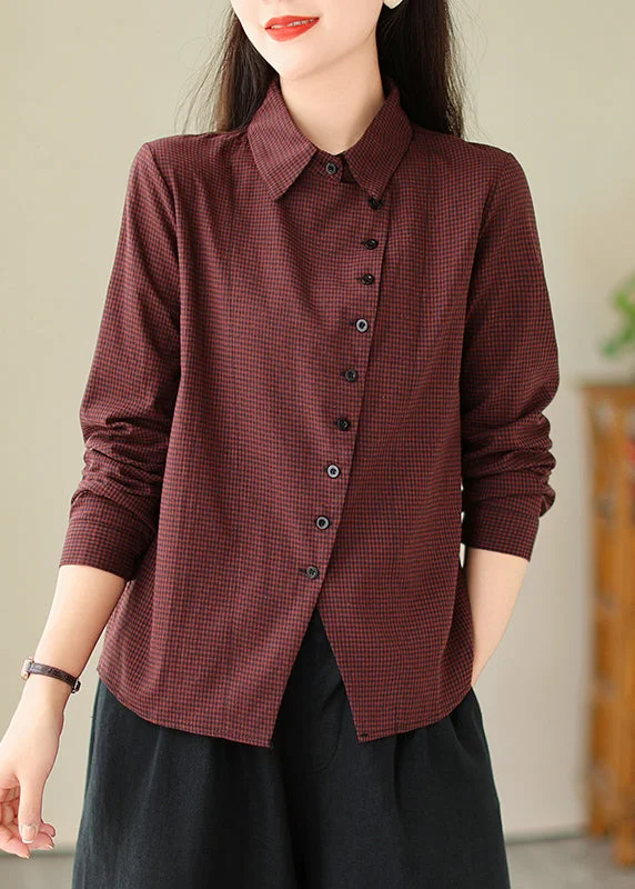 Mulberry Plaid Button Cotton Shirt Tops Peter Pan Collar Spring Classic Women's Tweed
