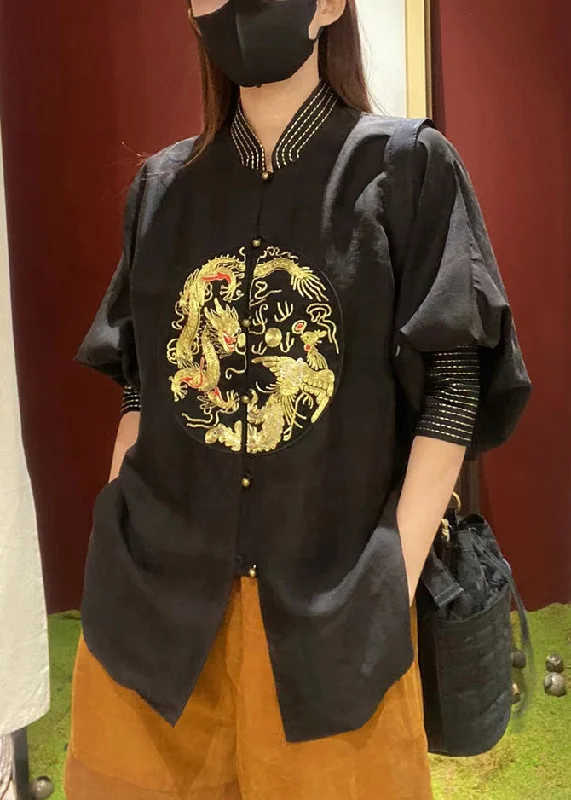 New Black Stand Collar Print Button Cotton Blouse Spring Business