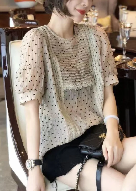Vogue Apricot O Neck Print Chiffon T Shirt Short Sleeve Cozy Women's Winter