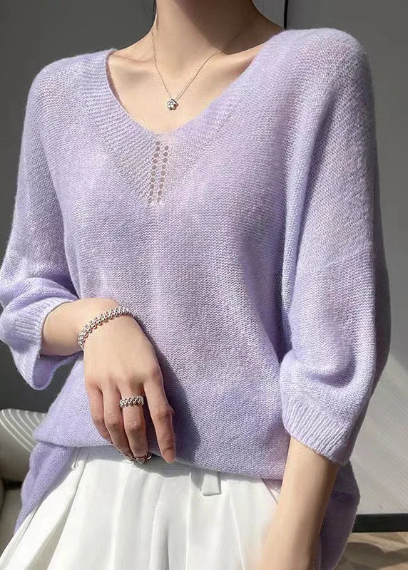 Boutique Purple V Neck Cashmere Shirt Tops Bracelet Sleeve Artistic Women's Hand - painted