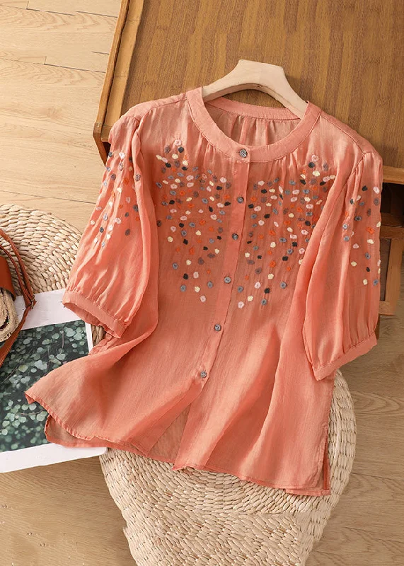 Pink Side Open Patchwork Linen Top O Neck Half Sleeve Minimalist Women's Casual