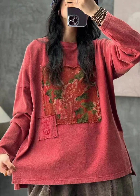 Boho Red O Neck Applique Cotton T Shirt Tops Long Sleeve Artistic Women's Avant - 