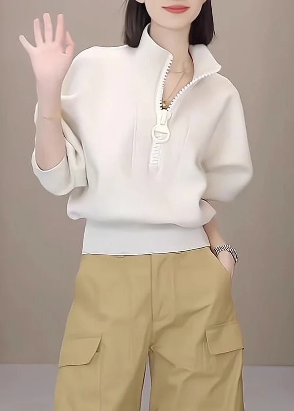Simple White Stand Collar Zip Up Cotton Sweatshirt Long Sleeve Refined Women's 