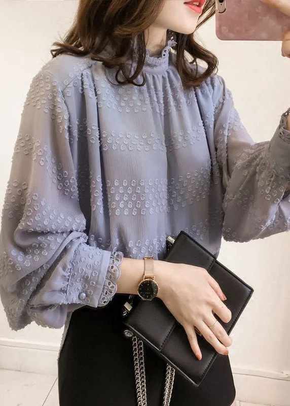 Women Purple Ruffled Button Chiffon Top Long Sleeve Adventure