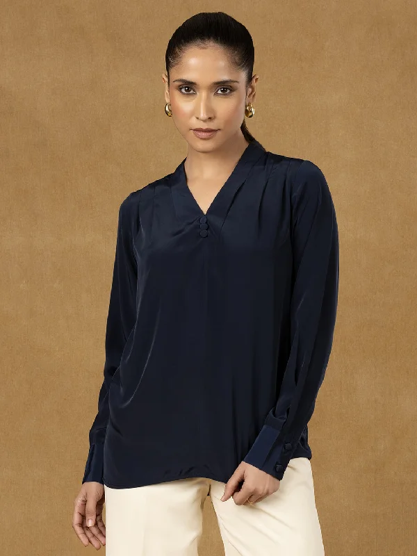 Navy Blue V Neckline Pleated Top Tough Women's Military - inspired