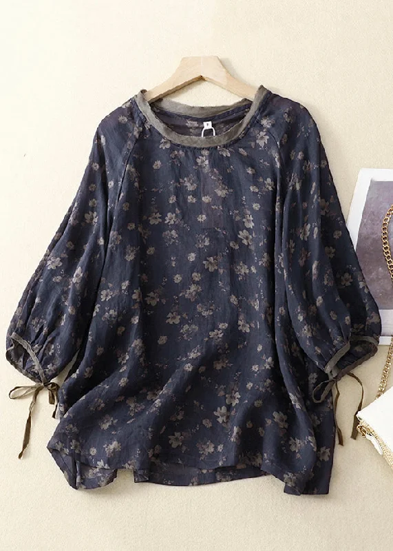Vintage Navy O Neck Lace Up Print Linen Tops Bracelet Sleeve Adventure