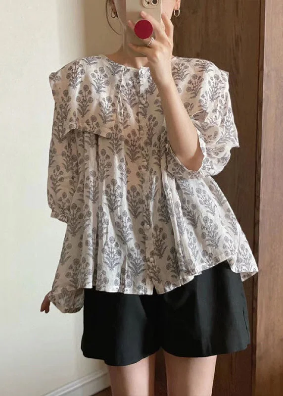 Elegant Print Button Cotton Thin Shirt Bracelet Sleeve Modern Women's Tech