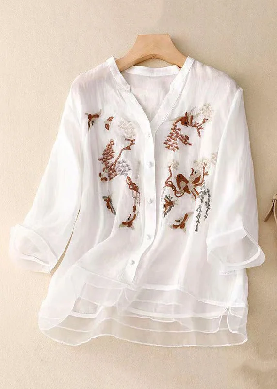 Vintage White V Neck Patchwork Cotton Shirt Top Spring Classic Women's Pin - striped
