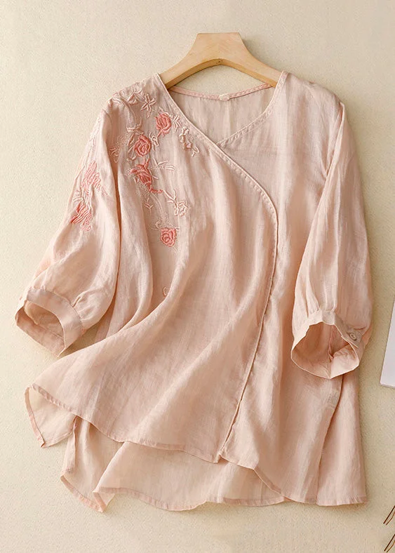 Women Light Pink Embroideried Side Open Linen Tops Spring Sharp Women's Italian