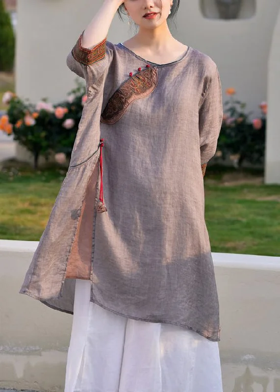 Vintage Light Purple Side Open Tasseled Linen Shirt Half Sleeve Classic Women's Tweed