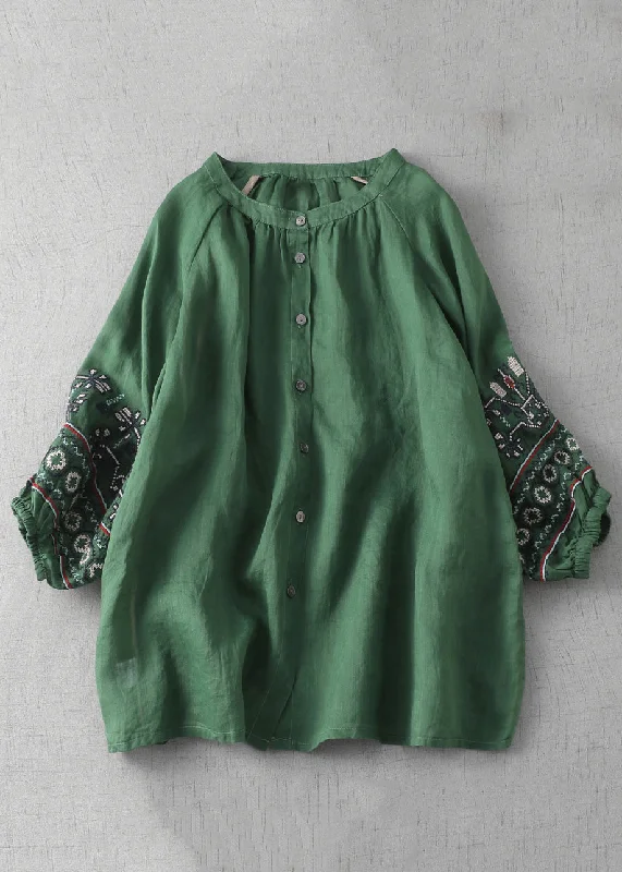 New Green Embroideried Button Cotton Shirt Lantern Sleeve Business
