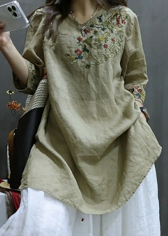 Loose Green V Neck Embroidered Cotton T Shirt Half Sleeve Refined Women's Classic 