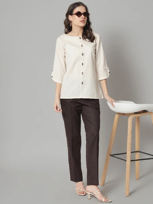 Cotton Loops and Button Detailed Regular FIt Top- Beige Relaxed Women's Beachy