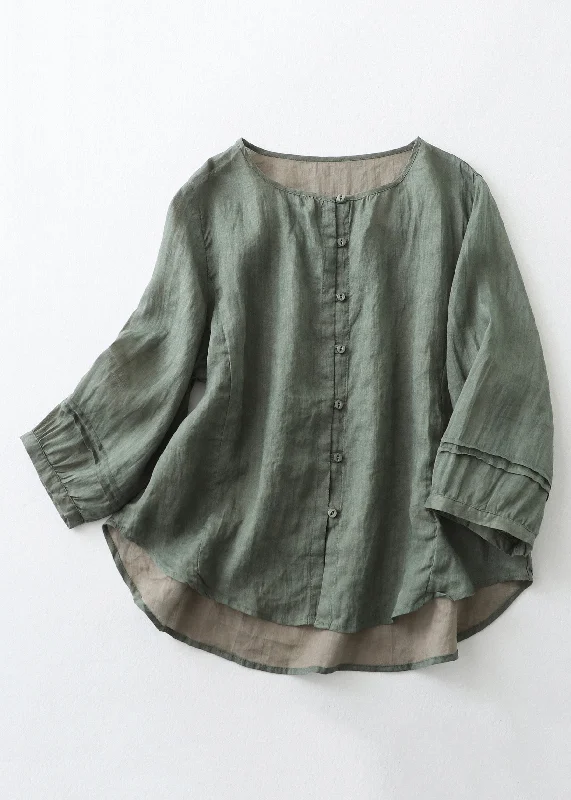 Green Solid Patchwork Cotton Shirts O Neck Bracelet Sleeve Artistic Women's Hand - painted