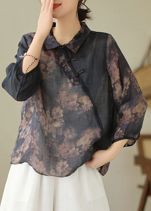 Loose Black Peter Pan Collar Button Print Linen Shirts Spring Traditional Women's Wool