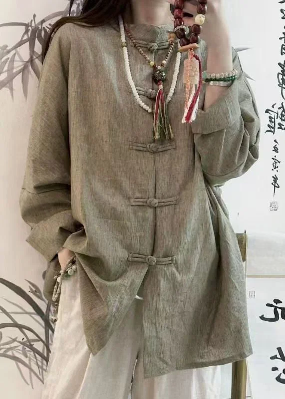 Vintage Loose O Neck Chinese Button Linen Shirt Tops Spring Polished Women's Silk