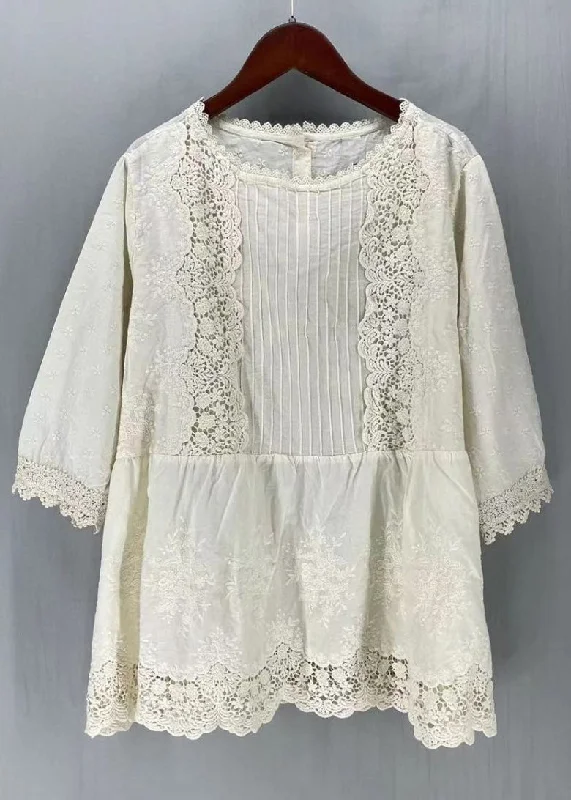 Simple Beige Embroideried Hollow Out Cotton T Shirts Half Sleeve Elegant Women's 