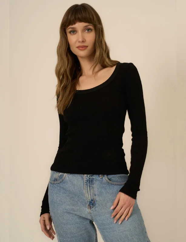 What's The Scoop Washed Rib Long Sleeve, Black Sleek Women's 