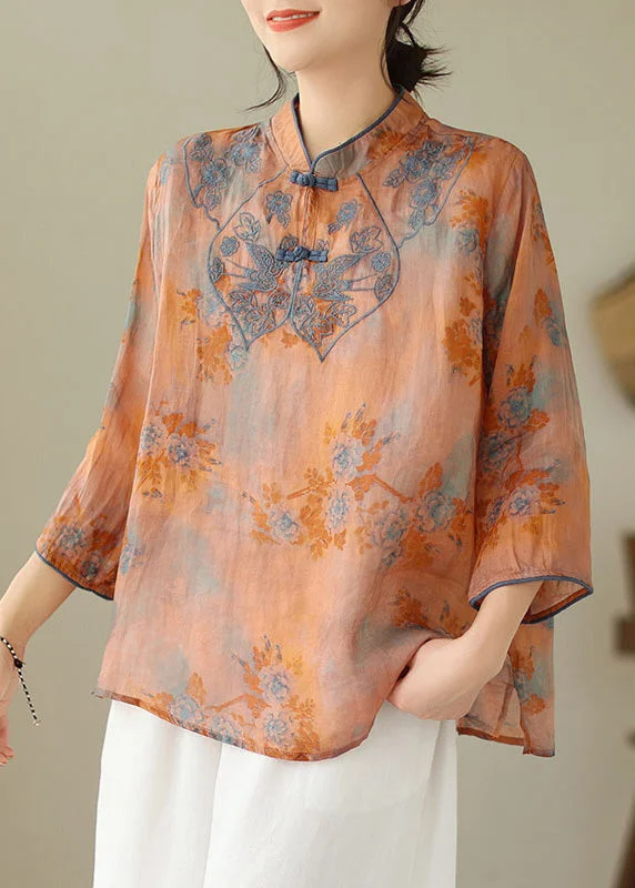 Loose Orange Stand Collar Embroideried Print Cotton Shirt Bracelet Sleeve Relaxed Women's Beachy