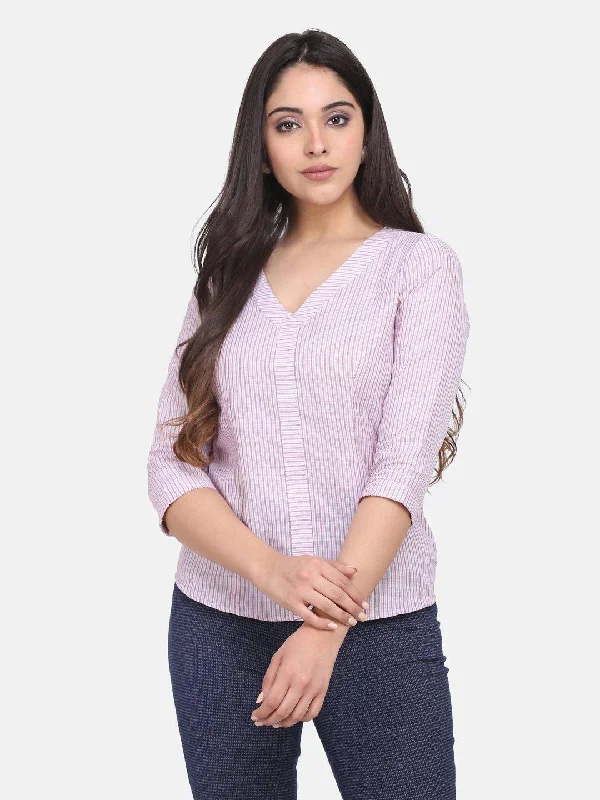 Striped Cotton Linen Top - Pink Trendy Women's 