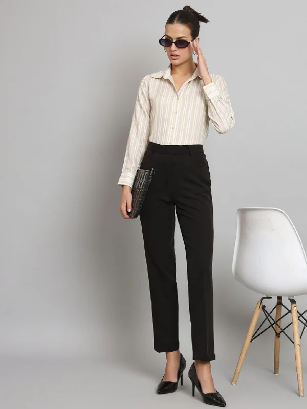 Striped Collared Shirt- Beige and Off white Cozy Women's Winter