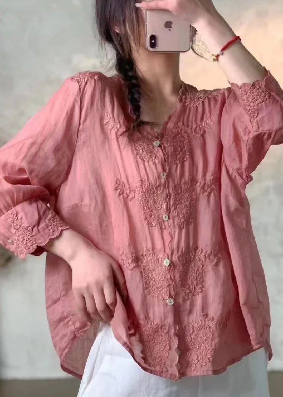New Pink V Neck Embroidered Button Linen Shirt Spring Traditional Women's Wool