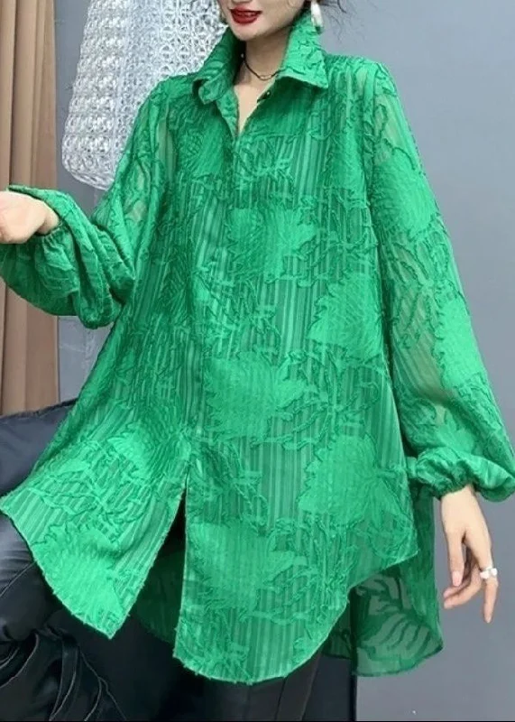 Casual Versatile Green Peter Pan Collar Cotton Shirts Spring Refined Women's Velvet