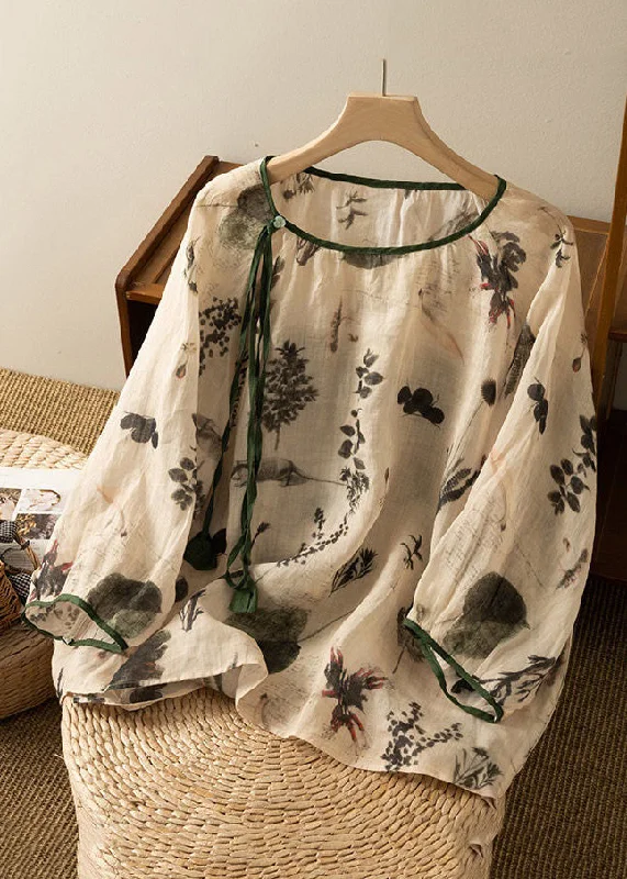 Loose Apricot O Neck Tasseled Print Cotton Top Bracelet Sleeve performance