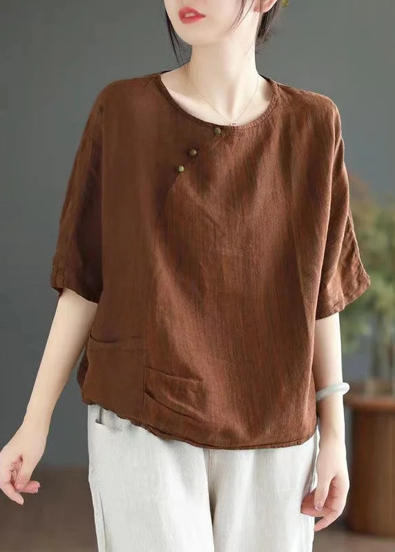 Vintage Versatile Coffee O Neck Linen T Shirts Half Sleeve Practical Women's Multi - 