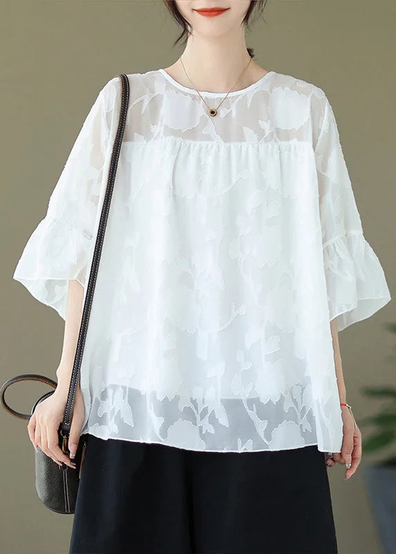 Jacquard White Solid Embroidery Tulle Top Flare Sleeve Gym