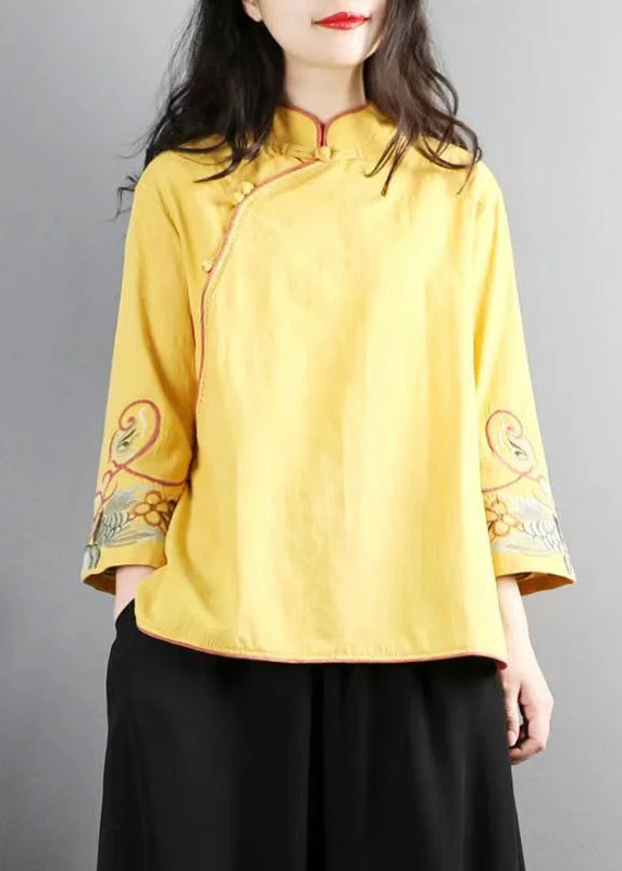 Women Yellow Embroideried Chinese Button Cotton Top Bracelet Sleeve Monochromatic Office Style
