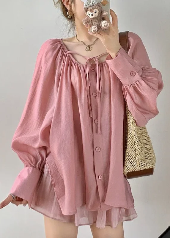 Pink Wrinkled Loose Cotton Blouse O Neck Spring Sporty Women's Athleisure 