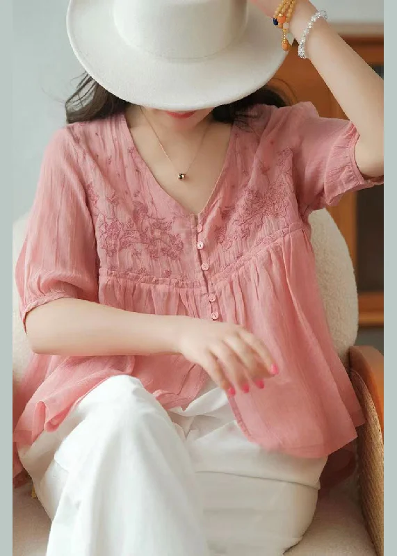 Boutique Pink V Neck Embroideried Linen Shirts Half Sleeve Refined Women's 