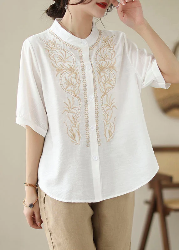 White Solid Patchwork Cotton Blouses Stand Collar Summer Casual Women's Japanese 