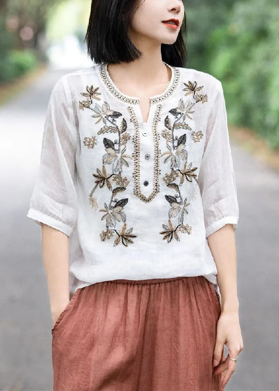New White V Neck Embroideried Button Cotton Top Summer Practical Women's Quick - dry