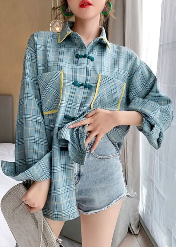 Loose Plaid Peter Pan Collar Button Pockets Cotton Shirt Spring Disco